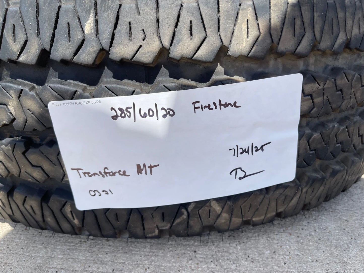 (1) 285/60/20 Firestone Transforce A/T tire LT 10 ply load range E