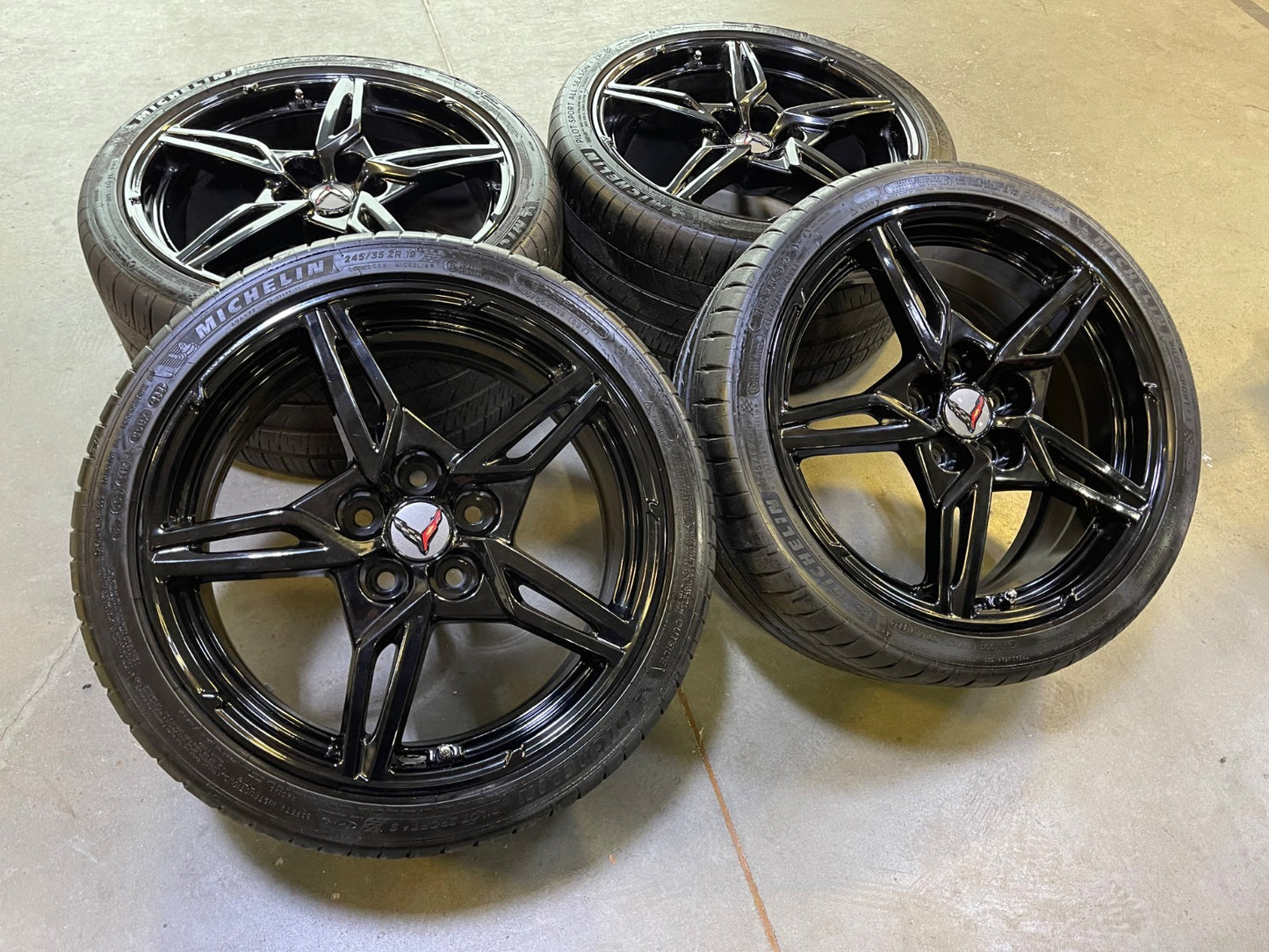 19" + 20" Chevy Corvette C8 OEM 14007 14008 wheels rims BLACK MICHELIN 2020-2027