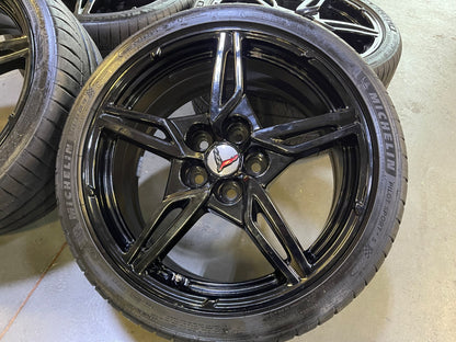 19" + 20" Chevy Corvette C8 OEM 14007 14008 wheels rims BLACK MICHELIN 2020-2027