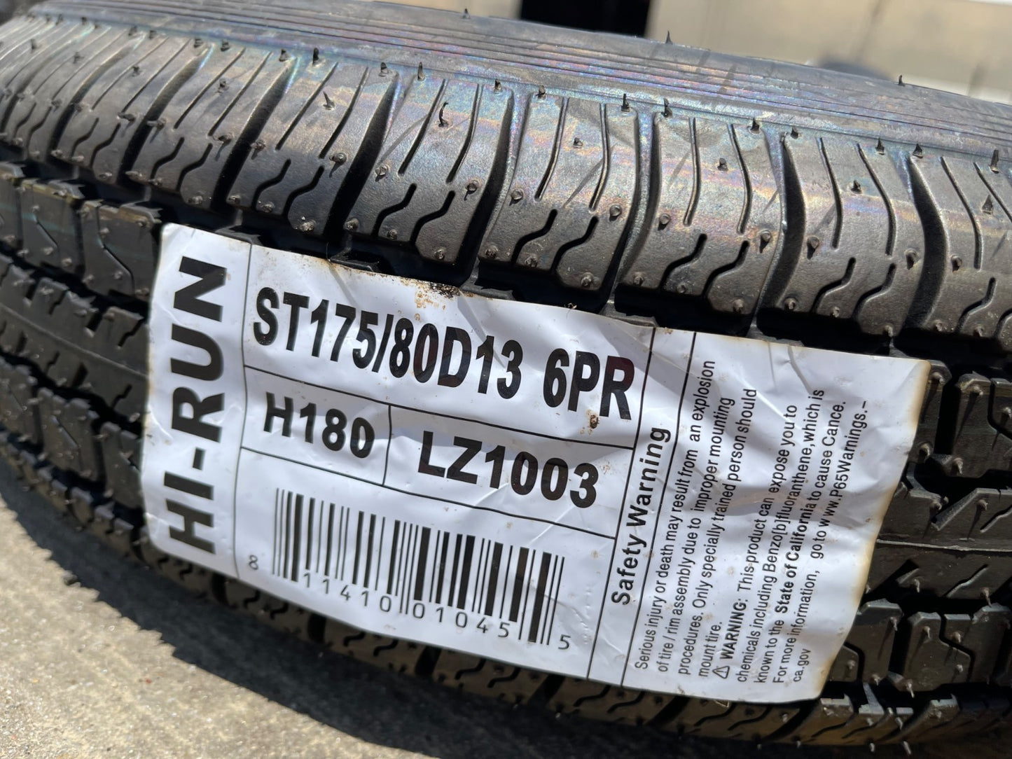 (1) 175/80/13 HI-RUN H-180 tire ST175/80D13 LT 6 ply LR C 91M trailer NEW