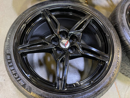 19" + 20" Chevy Corvette C8 OEM 14007 14008 wheels rims BLACK MICHELIN 2020-2027