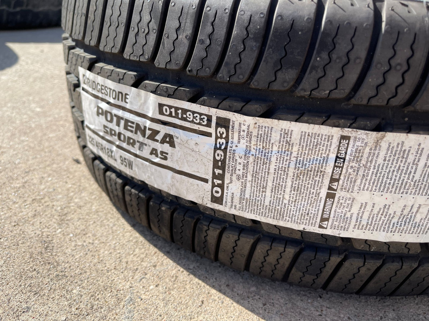 (1) 225/45/18 Bridgestone Potenza Sport A/S tire single 95W M+S 225/45R18 NEW