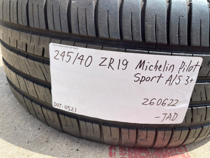 (1) 245/40/19 Michelin Pilot Sport A/S 3 All Season Plus + 98Y XL 245/40R19 tire